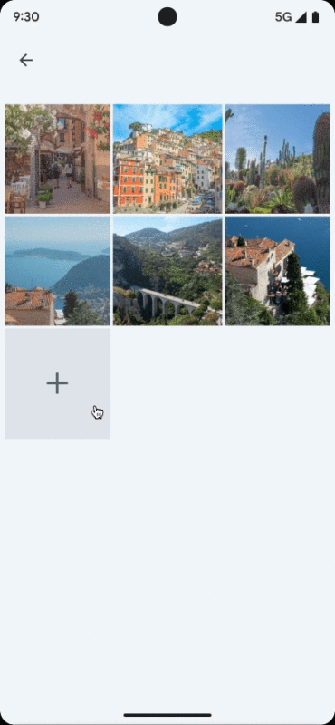 A smartphone screen shows a photo gallery app displaying six landscape and city images in a grid, with an empty slot featuring a plus sign and a cursor hovering over it.