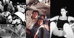 A collage of three photos: a woman kissing a racing driver, a group of men sitting inside an airplane, and a smiling woman sitting casually in a black top and light pants against a dark background.