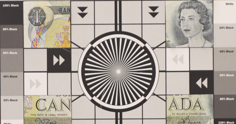 A test pattern with concentric circles and grayscale blocks, overlaid with sections of Canadian currency, including a portrait of a woman and various colorful security features.
