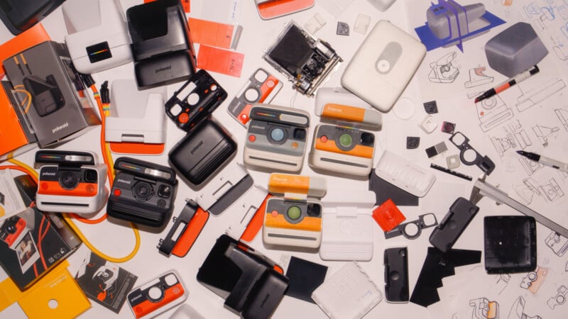 Several Polaroid cameras and camera parts are scattered on a cluttered workspace, surrounded by packaging, buttons, tools, and technical sketches on white paper. The scene shows a creative design and assembly process.