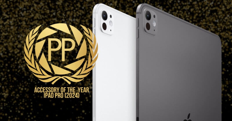 A gold laurel emblem with "PP Accessory of the Year iPad Pro (2024)" is displayed on a starry background. Two iPad Pro models, one white and one gray, are shown in profile view.