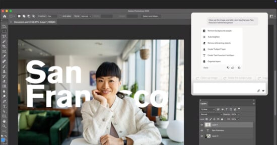 A person smiles while sitting in a modern room, with large white text "San Francisco" partially visible over the image in Adobe Photoshop. The right sidebar displays editing tools and options.