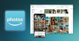 Amazon Photos logo next to a smartphone and a computer screen, both displaying photo galleries with family and pet images in a clean, organized online interface.