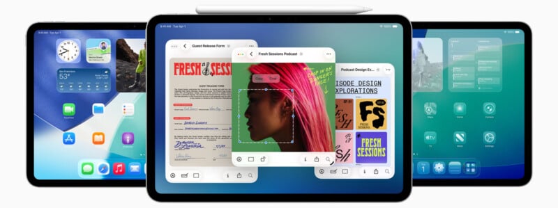 Three iPads display different screens, including the home screen with widgets, multitasking features, and an open design app with layered workspaces. An Apple Pencil rests on top of the center iPad.