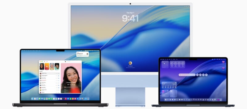 An iMac and two MacBook laptops are displayed. The iMac shows a login screen, while the MacBooks show macOS desktops—one with a video call and messages, the other with widgets and a purple background.