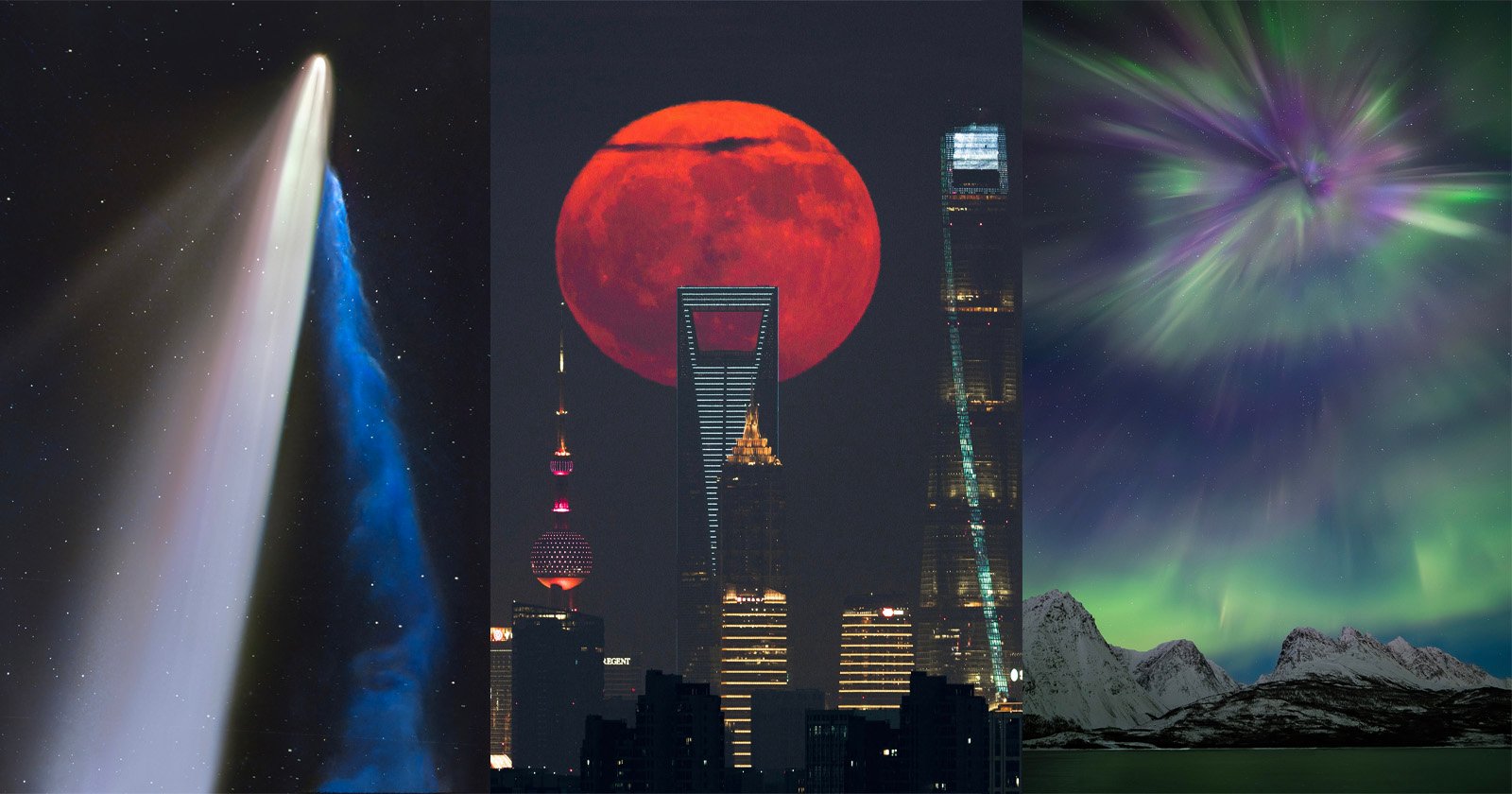 A composite image showing a bright comet in a starry sky, a large red moon rising behind city skyscrapers, and vivid green and purple auroras above snowy mountains.