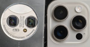 Close-up of two smartphone camera modules side by side. The left module features two lenses with "5x optical mag." text. The right module has three lenses arranged vertically on a white surface.