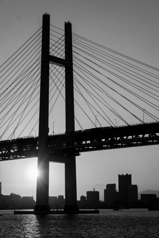 Silhouette of a cable-stayed bridge at sunset, with two tall pillars supporting cables. The sun is partially visible behind the bridge, and city buildings can be seen in the background. The scene is in black and white.