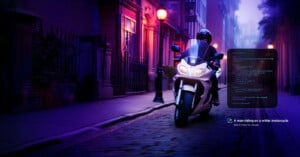 A man wearing a helmet rides a white motorcycle down a cobblestone street at dusk, surrounded by old buildings and purple street lights, with a floating code snippet overlay on the right.
