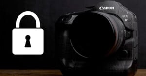 A Canon EOS R1 camera sits on a dark surface with a large white padlock icon displayed to its left, suggesting the concept of camera security or protection.