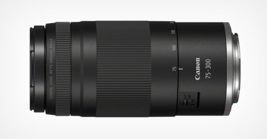 A black Canon 75-300mm camera lens is shown horizontally on a white background, displaying the zoom and focus rings, focal length markings, and Canon branding.