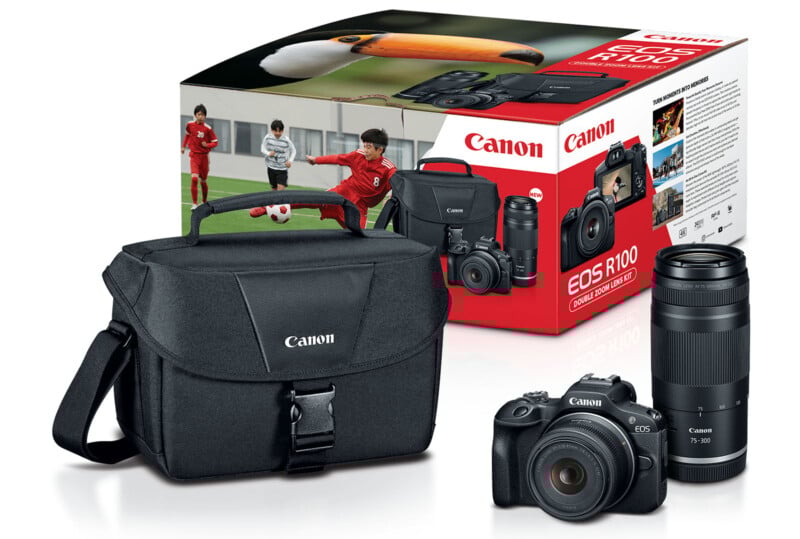 Canon EOS R100 camera kit with a camera bag, camera body, 18-45mm lens, 75-300mm telephoto lens, and product box featuring sports and wildlife images.
