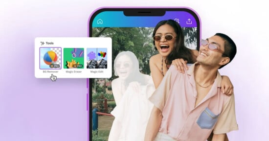A smiling couple poses playfully in front of a smartphone screen displaying photo editing tools, including background remover, magic eraser, and magic edit, on a purple gradient background.