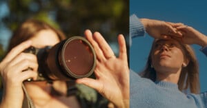 Split image: On the left, a person holds a camera close to their face, focusing the lens; on the right, the same person shields their eyes from the sun with their hand, gazing upward against a blue sky.