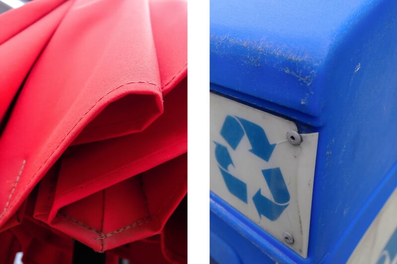 Close-up of folded red fabric on the left and a blue recycling bin with a recycle symbol on the right, separated by a white vertical line.