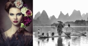 On the left, a woman with striking makeup and flowers in her hair poses formally. On the right, a black-and-white scene shows a fisherman on a bamboo raft with birds, set against dramatic mountain peaks.