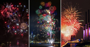 A triptych image of vibrant fireworks in the night sky over a city skyline, featuring bursts of red, blue, green, and gold above buildings, water, and a crowd on a lit walkway.
