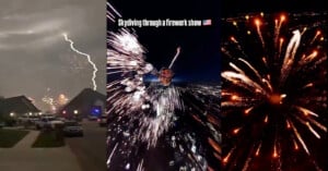 A collage of three photos: a lightning bolt above houses, a skydiver with fireworks in the sky and the text "Skydiving through a firework show" with a U.S. flag, and a close-up of fireworks exploding at night.