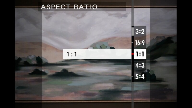 A digital camera screen displays a landscape painting in the background with an aspect ratio menu overlaid, highlighting the 1:1 option among 3:2, 16:9, 4:3, and 5:4 choices.