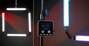 A square-shaped LED light panel emits white and colored light, mounted on a stand. A close-up shows its control panel with a digital display and two adjustment knobs.