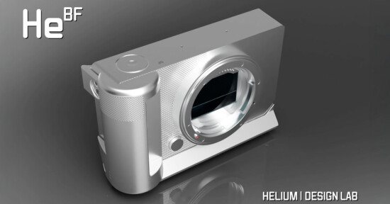 A sleek, silver camera with a modern design rests on a reflective surface. The lens is prominent, and branding for "He BF" is visible in the top left. Text at the bottom right reads "Helium Design Lab.