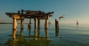 A person dives off a wooden and concrete pier into calm water under a clear sky, with the structure casting reflections and other posts visible in the background.