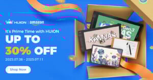 Open cardboard box with three Huion drawing tablets, each displaying colorful digital art. Blue background with "UP TO 30% OFF," sale dates, and Huion and Amazon logos. "Shop Now" button at bottom left.