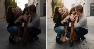 A family of four, two adults and two young girls, kneel and hug each other, smiling and laughing together in an outdoor urban alleyway. The image is shown side by side in different lighting or filter styles.