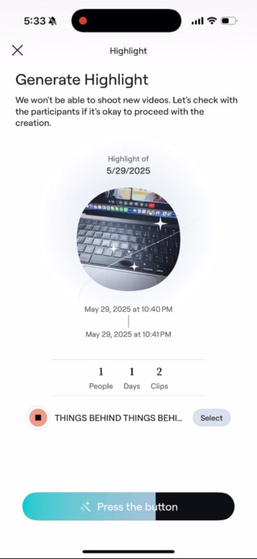 A smartphone screen displays an app interface for generating a video highlight, showing a circular image of a keyboard, event details for May 29, 2025, and a button labeled "Press the button" at the bottom.