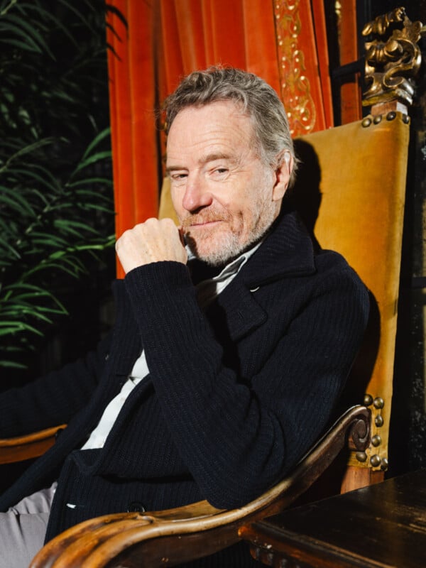 A middle-aged man with light hair and a beard sits in a vintage, gold-upholstered chair, wearing a dark jacket and light shirt, with an orange curtain and greenery in the background. He looks at the camera with a thoughtful expression.