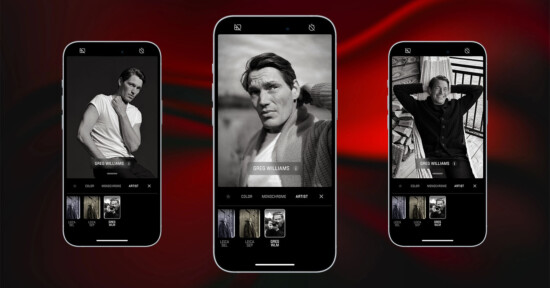 Three smartphones display a photo editing app with black-and-white portraits of a man named Greg Williams, showing different editing filters and settings, set against a dark red and black abstract background.