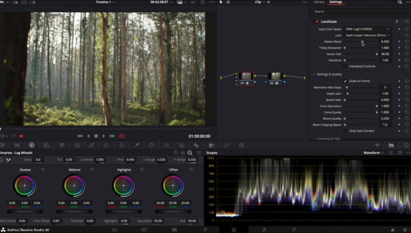 Screenshot of a video editing software showing a wooded forest scene. Color grading wheels, waveform monitor, and adjustment settings panels are visible on the interface.