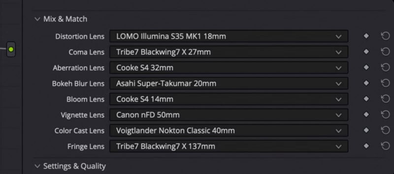 Screenshot of a software interface showing lens effect options under "Mix & Match," including distortion, coma, aberration, bokeh blur, bloom, vignette, color cast, and fringe, each with a selected lens model.