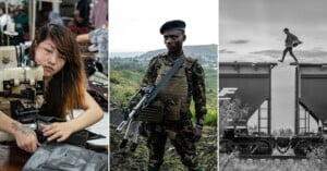 A collage of three images: a woman sewing leather in a workshop, a soldier in camouflage with a gun standing outdoors, and a person balancing while walking between two train cars.