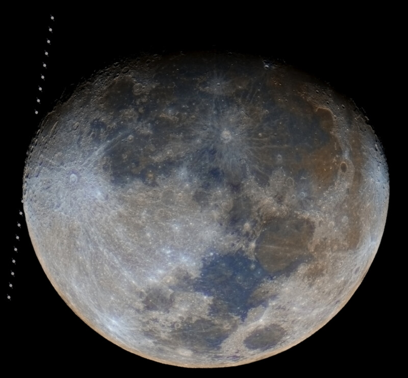 A detailed, color-enhanced image of the Moon shows a series of small, bright dots in a diagonal line along the left edge, illustrating the path of a satellite or object moving across the lunar surface.