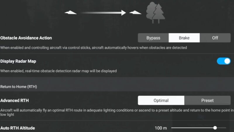 Drone settings interface showing options for obstacle avoidance (Bypass, Brake, Off), a toggle for radar map display, Return to Home settings with Optimal or Preset modes, and adjustable auto RTH altitude set to 100 m.