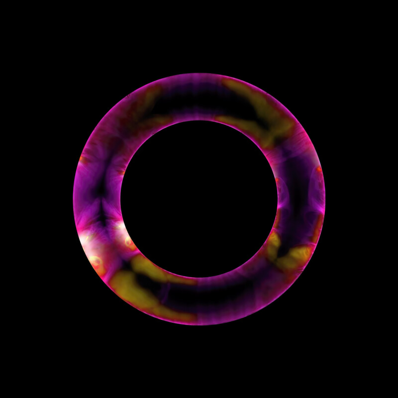 A glowing, colorful torus with swirling patterns of purple, pink, yellow, and orange on a black background. The ring appears luminous and abstract, with a shiny, marbled texture.