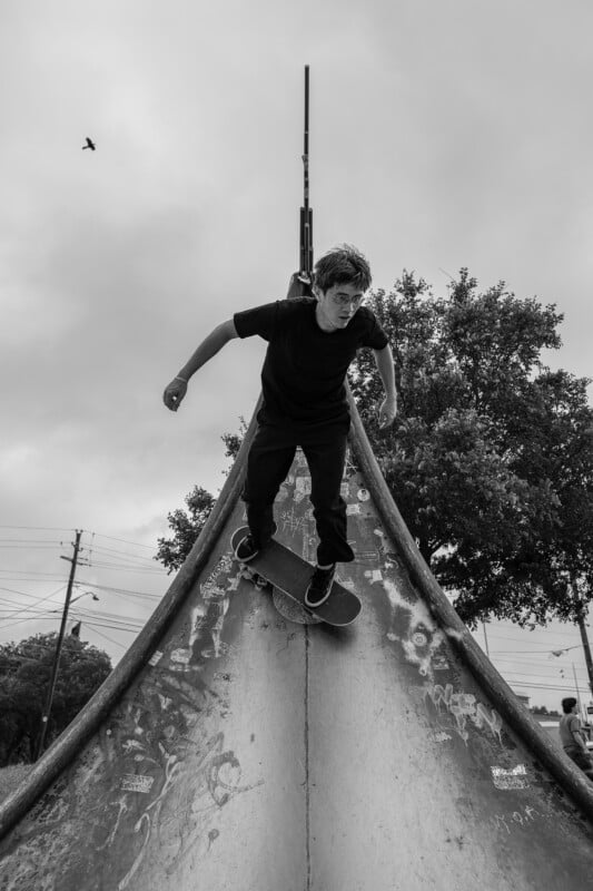 A young skateboarder in dark clothes balances on a skateboard at the peak of a graffiti-covered ramp, with cloudy skies and a bird flying overhead in the background.