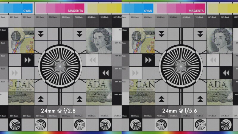 Side-by-side comparison of camera test charts, each featuring color bars, grayscale steps, and Canadian currency, labeled “24mm @ f/2.8” left and “24mm @ f/5.6” right, showing lens sharpness differences.