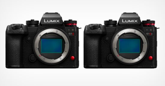 Two black Panasonic Lumix cameras, models S1 and S1R, are shown side by side on a white background, both without lenses and displaying their image sensors.
