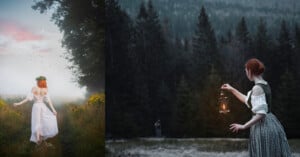 woman with red hair and green dress, holding a later lookin across a water way