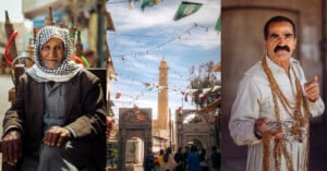 A collage with three sections: an elderly man in a keffiyeh sitting outdoors, a street scene with colorful banners and a tall minaret, and a mustached man in traditional clothing adorned with gold necklaces.