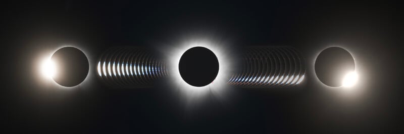 A composite image shows the stages of a solar eclipse, with the sun partially covered on the left and right, and the fully eclipsed sun, surrounded by its corona, at the center.