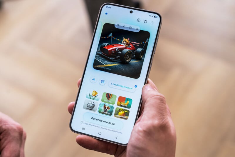 A person holding a smartphone displaying an image of a cat driving a race car on the screen. Below the image are various icons and buttons, including options to generate more images. The background is blurred.