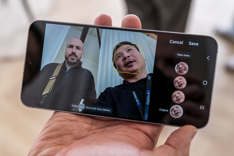 A smartphone displays a face editing app with a photo of a man. The app is selecting a face, and options for altering expressions are shown on the side. The phone is held in a hand, and the background is blurred.