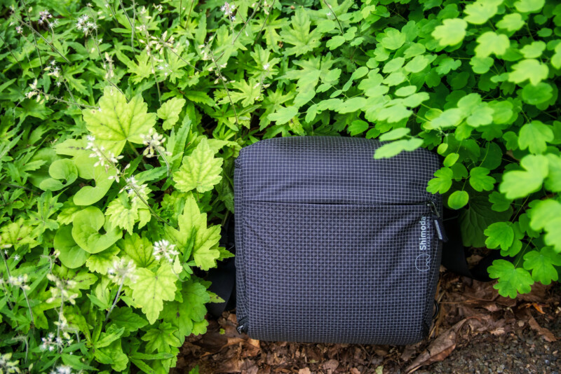A black, grid-patterned backpack sits on the ground surrounded by lush green plants and leaves, creating a contrast between the bag and the vibrant foliage.