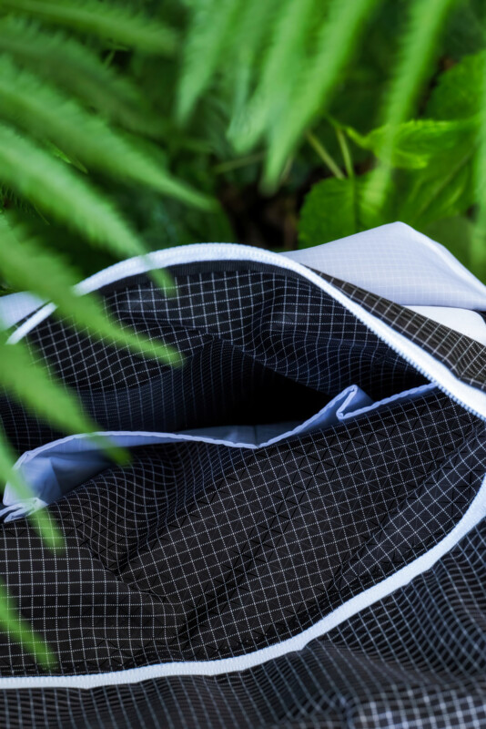 A close-up of a black and white grid-patterned fabric partially surrounded by green fern leaves and other foliage.