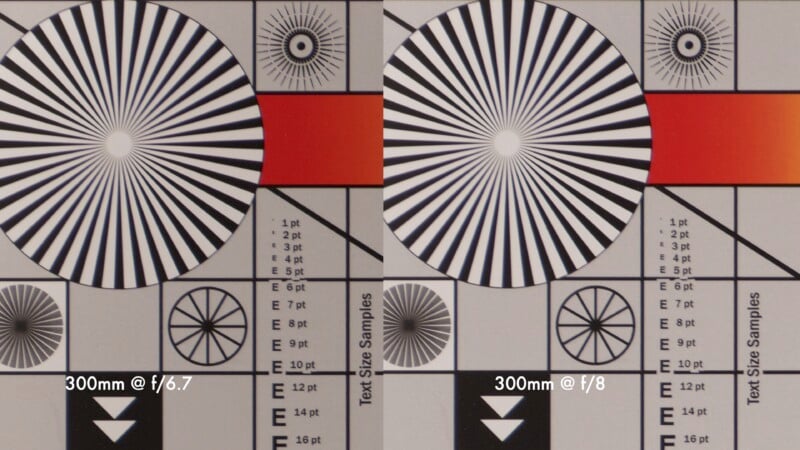 Image comparing two lens tests at 300mm with different apertures. The left is f/6.7, the right f/8. Both feature black and white radial patterns, a red stripe, and text size samples ranging from 1pt to 16pt for sharpness assessment.