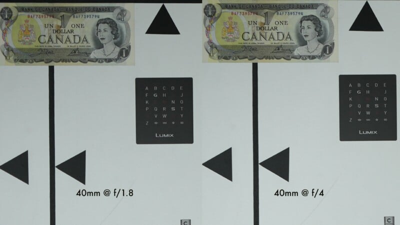 A Canadian one-dollar bill above two test charts labeled “40mm @ f/1.8” and “40mm @ f/4,” each displaying black geometric shapes and a Lumix resolution card with letters.