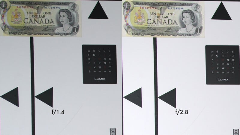 Side-by-side comparison of two test charts, both featuring a Canadian one-dollar bill and a focus chart, labeled "f/1.4" on the left and "f/2.8" on the right. The charts display triangles and letters.